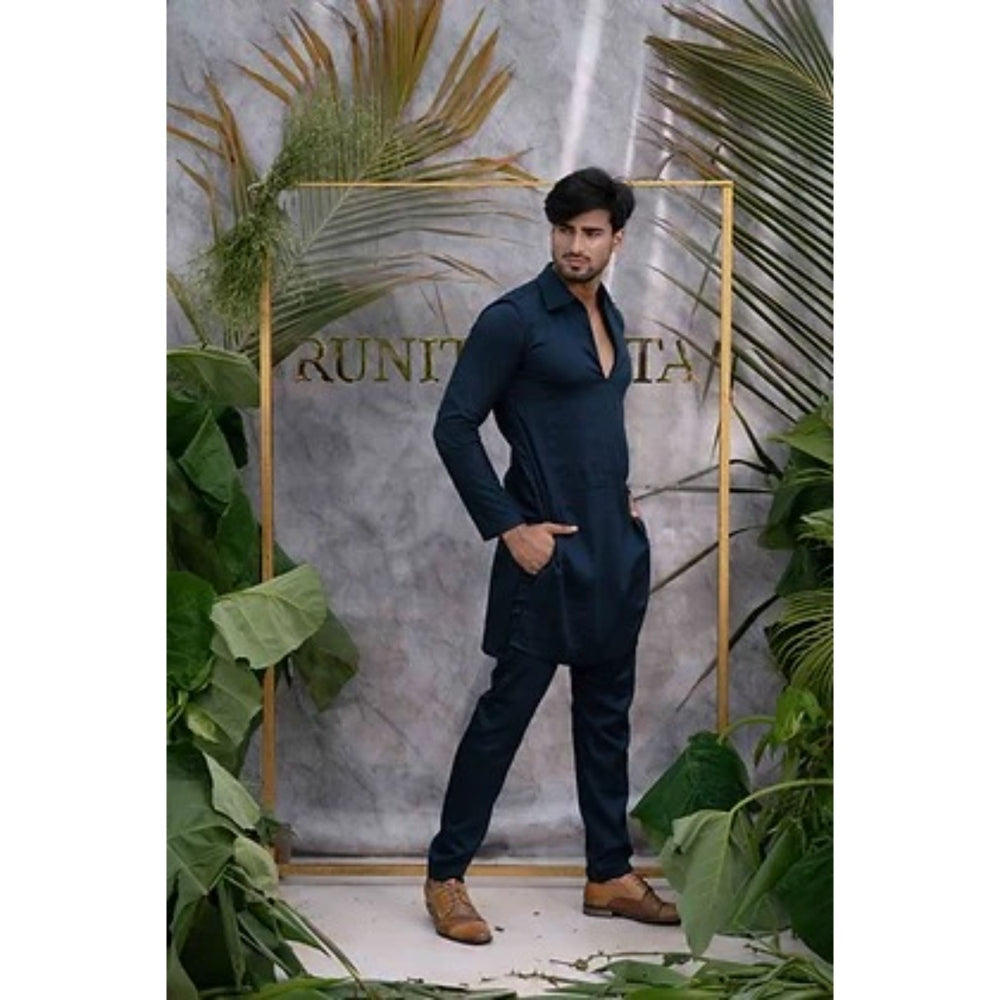 Runit Gupta Deep Navy Blue Quilted Kurta with Pyjama (Set of 2)