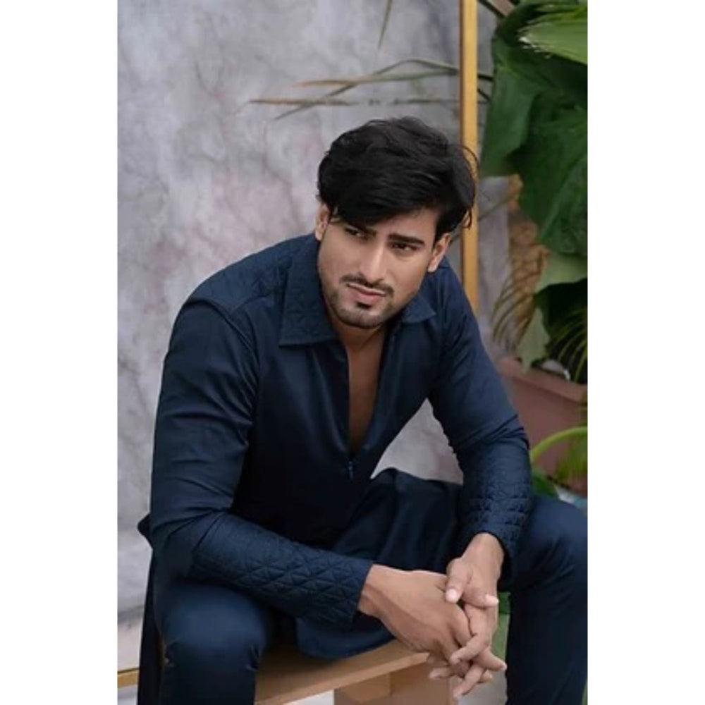 Runit Gupta Deep Navy Blue Quilted Kurta with Pyjama (Set of 2)