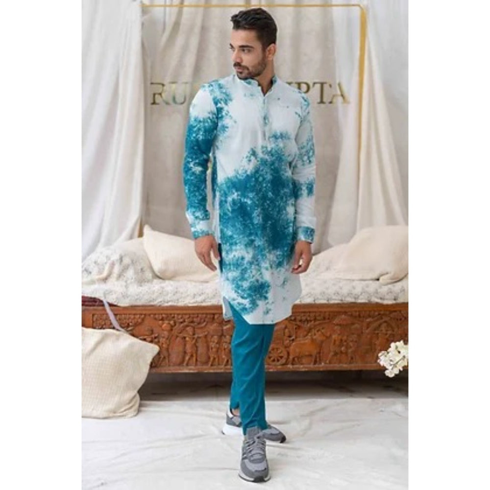 Runit Gupta Tie And Dye Blue and White Kurta with Pyjama (Set of 2)