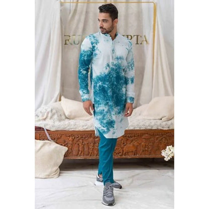 Runit Gupta Tie And Dye Blue and White Kurta with Pyjama (Set of 2)