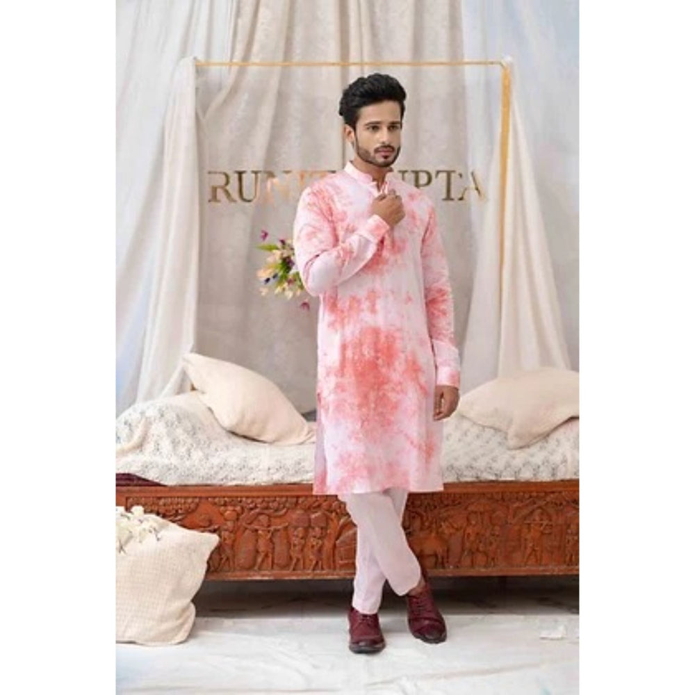 Runit Gupta Tie And Dye Coral and White Kurta with Pyjama (Set of 2)