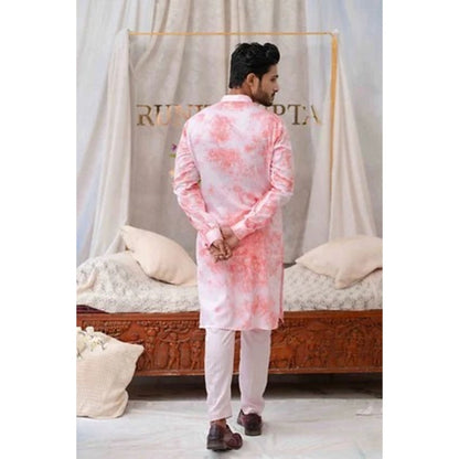Runit Gupta Tie And Dye Coral and White Kurta with Pyjama (Set of 2)