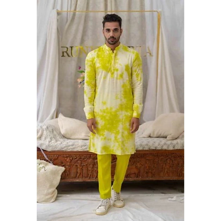 Runit Gupta Tie And Dye Fresh Green and White Kurta with Pyjama (Set of 2)