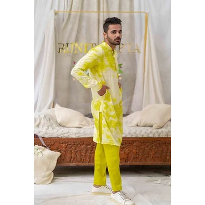 Runit Gupta Tie And Dye Fresh Green and White Kurta with Pyjama (Set of 2)