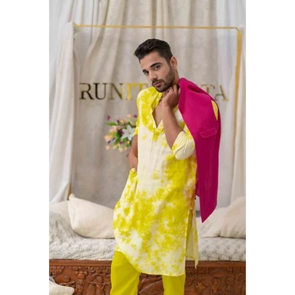 Runit Gupta Tie And Dye Fresh Green and White Kurta with Pyjama (Set of 2)