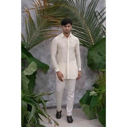 Runit Gupta Off White Crushed and Embroidered Shirt Kurta with Pyjama (Set of 2)