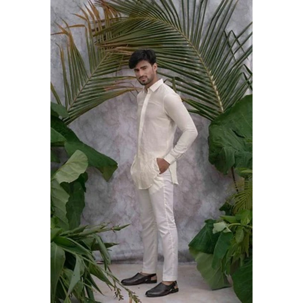 Runit Gupta Off White Crushed and Embroidered Shirt Kurta with Pyjama (Set of 2)