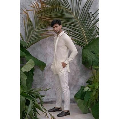 Runit Gupta Off White Crushed and Embroidered Shirt Kurta with Pyjama (Set of 2)