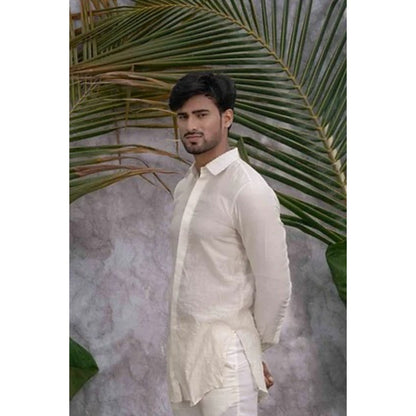 Runit Gupta Off White Crushed and Embroidered Shirt Kurta with Pyjama (Set of 2)