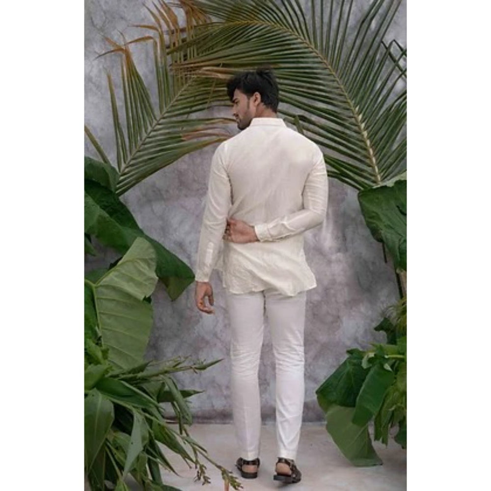 Runit Gupta Off White Crushed and Embroidered Shirt Kurta with Pyjama (Set of 2)