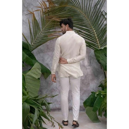 Runit Gupta Off White Crushed and Embroidered Shirt Kurta with Pyjama (Set of 2)