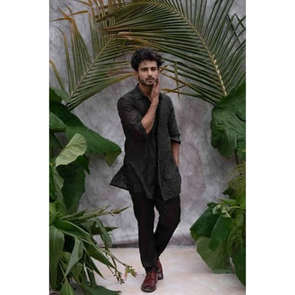 Runit Gupta Black Crushed and Embroidered Shirt Kurta with Pyjama (Set of 2)