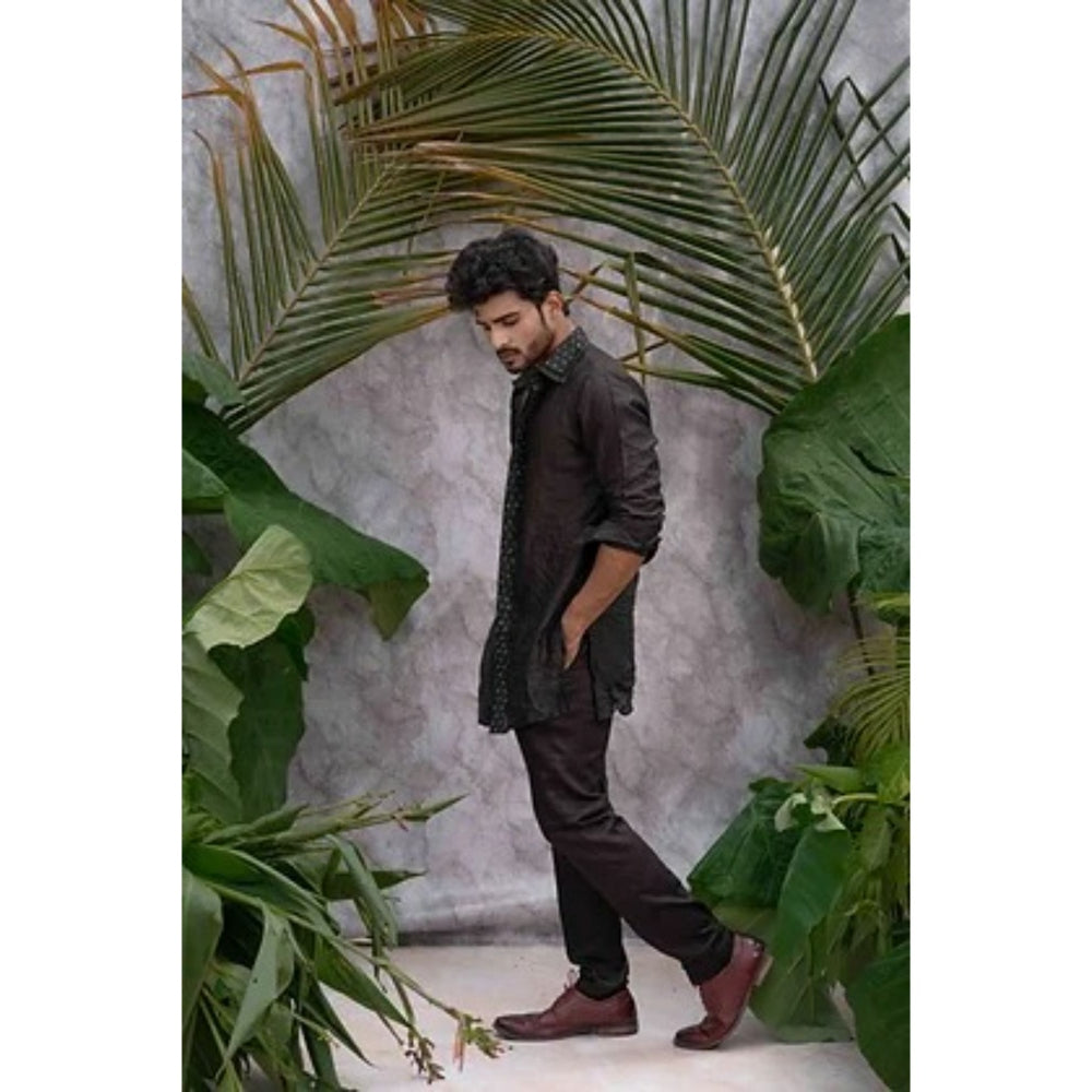 Runit Gupta Black Crushed and Embroidered Shirt Kurta with Pyjama (Set of 2)