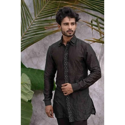 Runit Gupta Black Crushed and Embroidered Shirt Kurta with Pyjama (Set of 2)