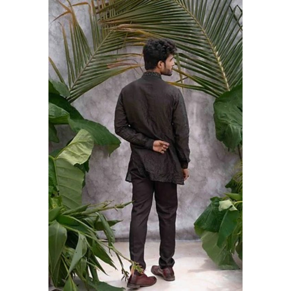 Runit Gupta Black Crushed and Embroidered Shirt Kurta with Pyjama (Set of 2)