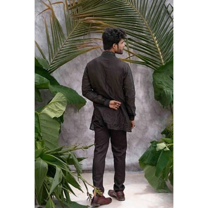 Runit Gupta Black Crushed and Embroidered Shirt Kurta with Pyjama (Set of 2)