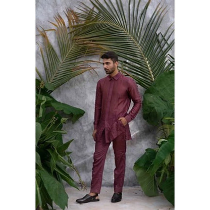Runit Gupta Wine Crushed and Embroidered Shirt Kurta with Pyjama (Set of 2)