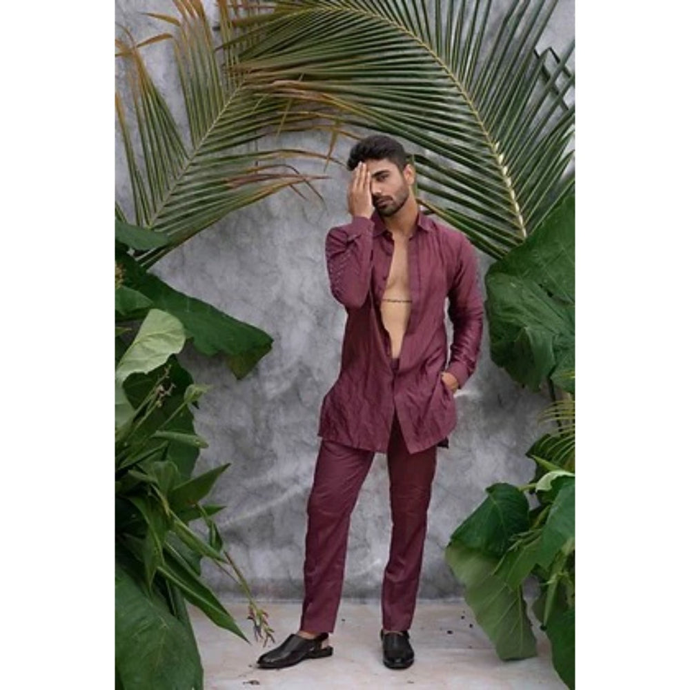Runit Gupta Wine Crushed and Embroidered Shirt Kurta with Pyjama (Set of 2)