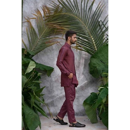 Runit Gupta Wine Crushed and Embroidered Shirt Kurta with Pyjama (Set of 2)