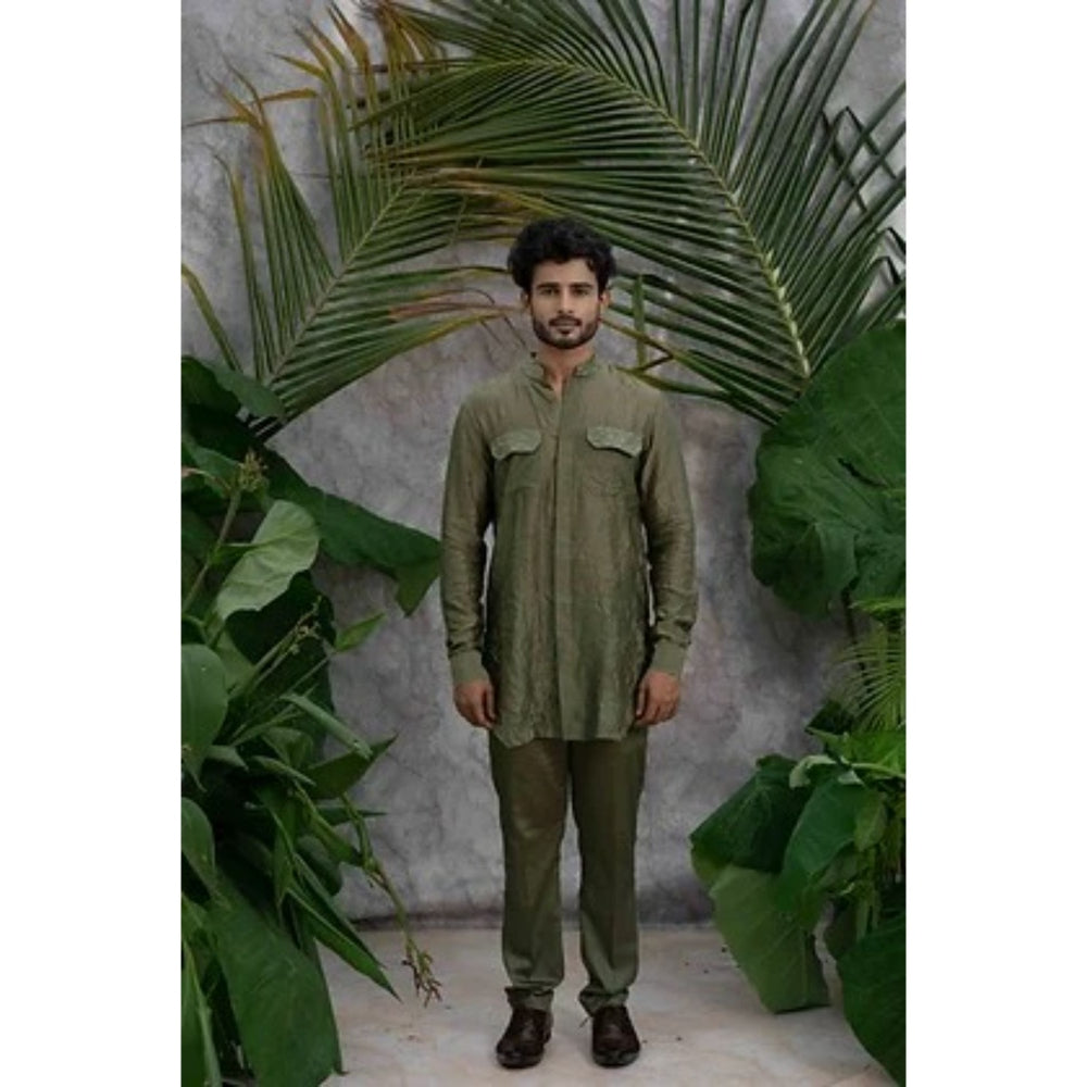 Runit Gupta Olive Crushed and Embroidered Shirt Kurta with Pyjama (Set of 2)