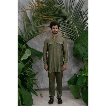 Runit Gupta Olive Crushed and Embroidered Shirt Kurta with Pyjama (Set of 2)