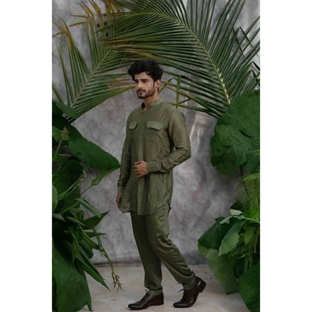 Runit Gupta Olive Crushed and Embroidered Shirt Kurta with Pyjama (Set of 2)