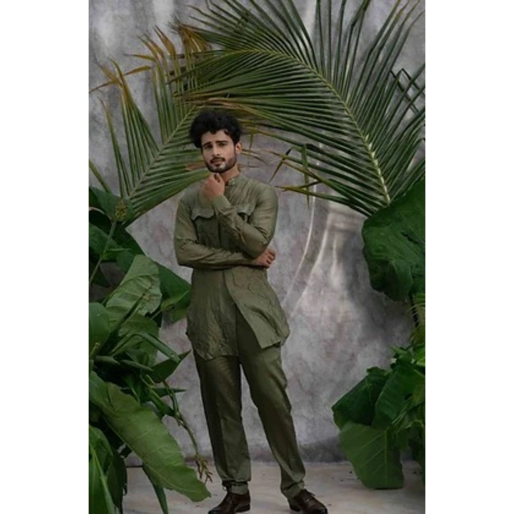 Runit Gupta Olive Crushed and Embroidered Shirt Kurta with Pyjama (Set of 2)