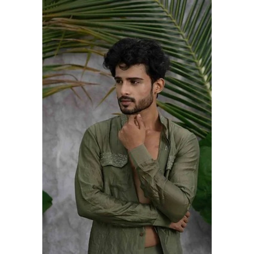 Runit Gupta Olive Crushed and Embroidered Shirt Kurta with Pyjama (Set of 2)