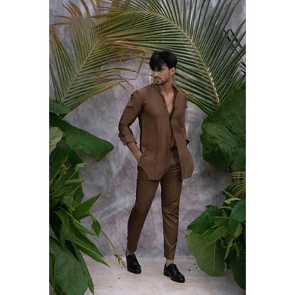 Runit Gupta Brown Crushed and Embroidered Shirt Kurta with Pyjama (Set of 2)