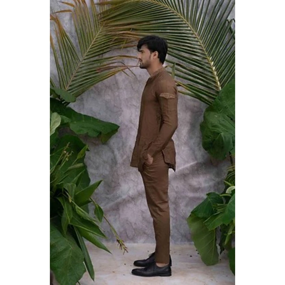Runit Gupta Brown Crushed and Embroidered Shirt Kurta with Pyjama (Set of 2)