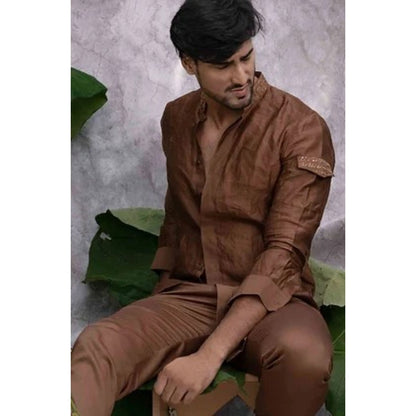 Runit Gupta Brown Crushed and Embroidered Shirt Kurta with Pyjama (Set of 2)