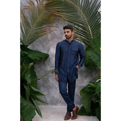 Runit Gupta Navy Blue Crushed and Embroidered Shirt Kurta with Pyjama (Set of 2)