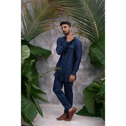 Runit Gupta Navy Blue Crushed and Embroidered Shirt Kurta with Pyjama (Set of 2)
