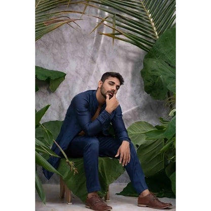 Runit Gupta Navy Blue Crushed and Embroidered Shirt Kurta with Pyjama (Set of 2)