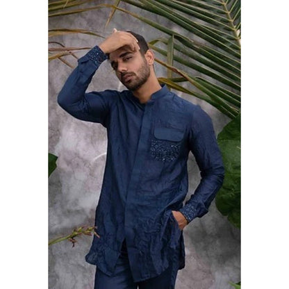 Runit Gupta Navy Blue Crushed and Embroidered Shirt Kurta with Pyjama (Set of 2)