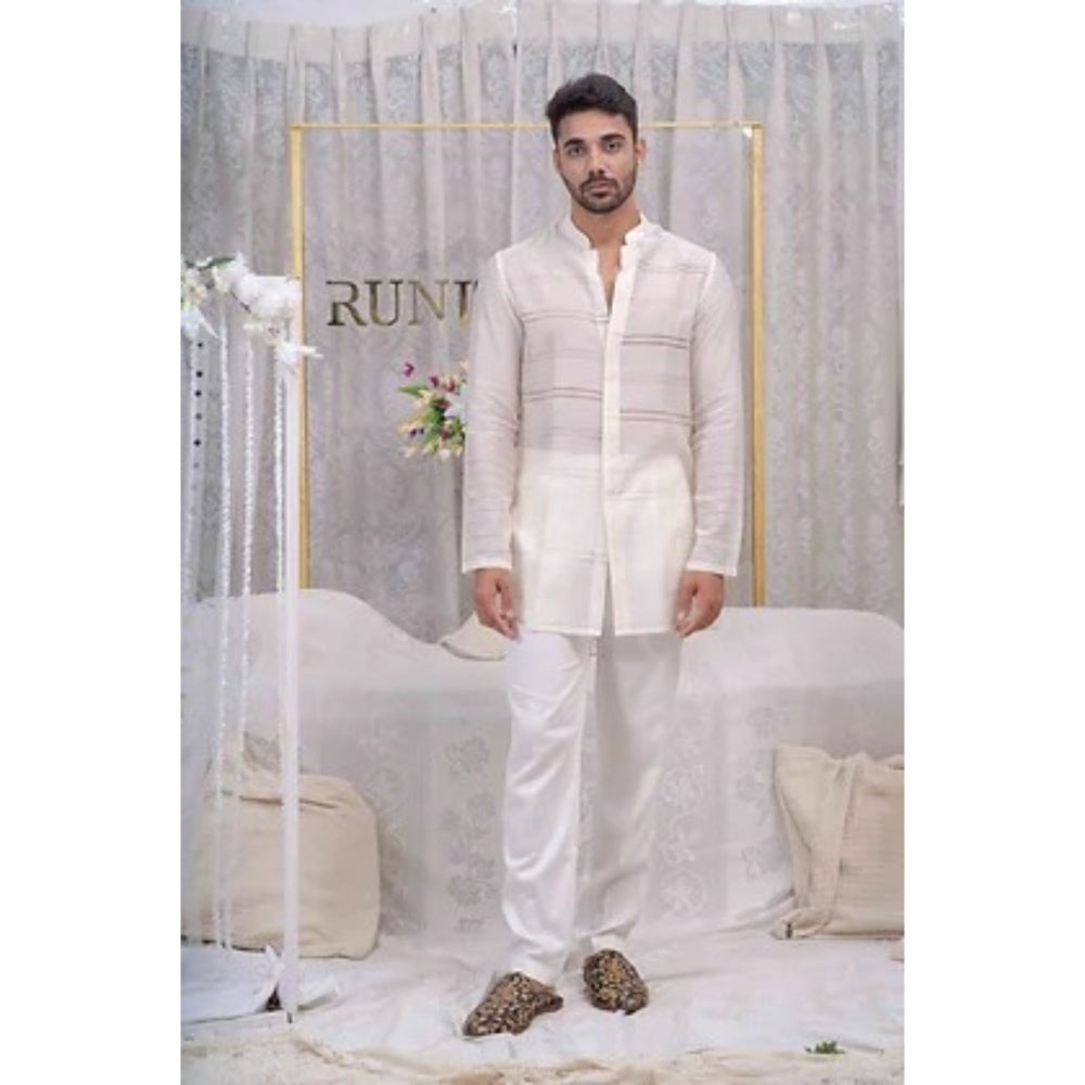 Runit Gupta Ivory Pulled Thread Work Shirt Kurta with Pyjama (Set of 2)