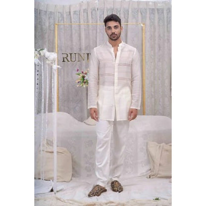 Runit Gupta Ivory Pulled Thread Work Shirt Kurta with Pyjama (Set of 2)