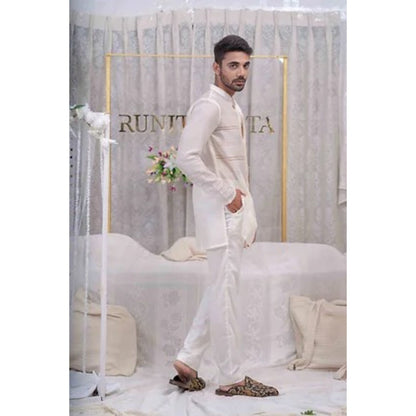 Runit Gupta Ivory Pulled Thread Work Shirt Kurta with Pyjama (Set of 2)