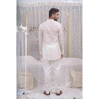 Runit Gupta Ivory Pulled Thread Work Shirt Kurta with Pyjama (Set of 2)