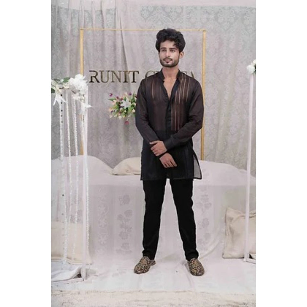 Runit Gupta Black Pulled Thread Work Shirt Kurta with Pyjama (Set of 2)
