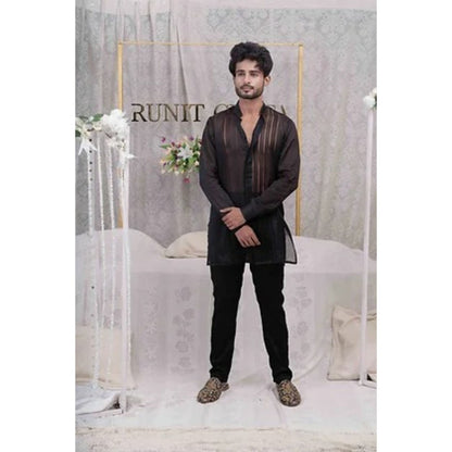 Runit Gupta Black Pulled Thread Work Shirt Kurta with Pyjama (Set of 2)