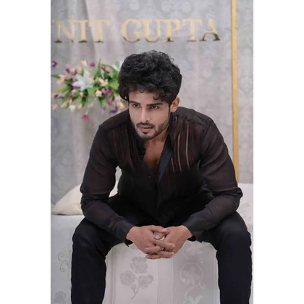 Runit Gupta Black Pulled Thread Work Shirt Kurta with Pyjama (Set of 2)