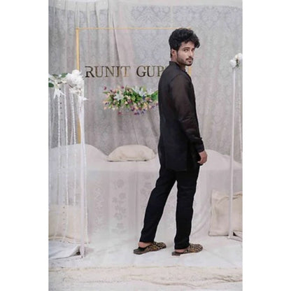 Runit Gupta Black Pulled Thread Work Shirt Kurta with Pyjama (Set of 2)