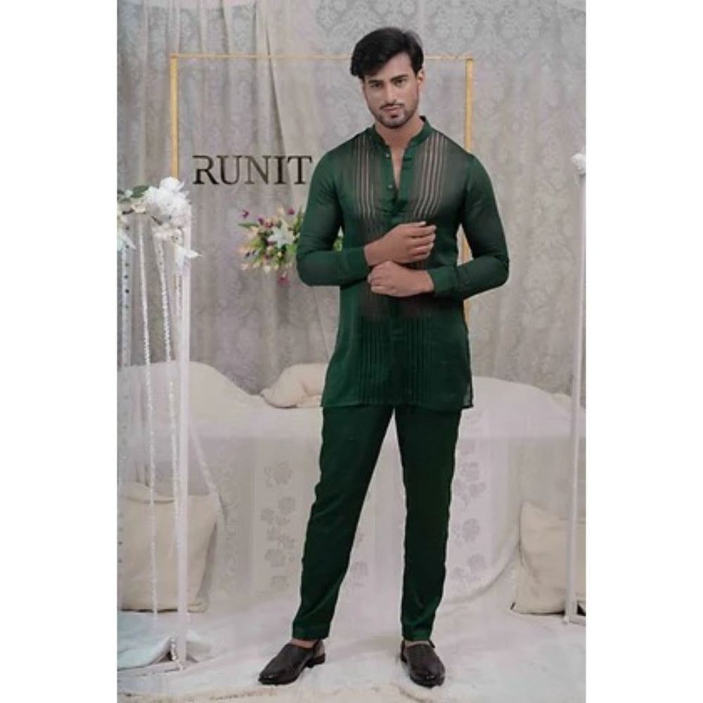Runit Gupta Emerald Green Pulled Thread Work Shirt Kurta with Pyjama (Set of 2)