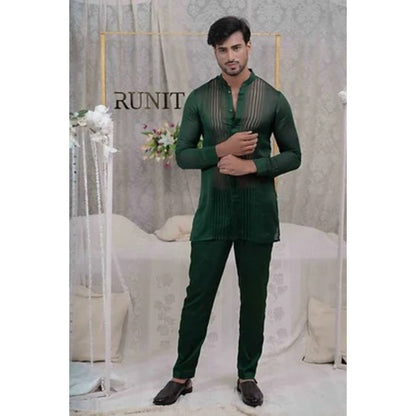 Runit Gupta Emerald Green Pulled Thread Work Shirt Kurta with Pyjama (Set of 2)