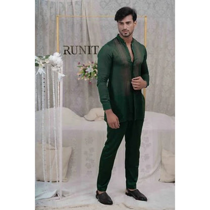 Runit Gupta Emerald Green Pulled Thread Work Shirt Kurta with Pyjama (Set of 2)