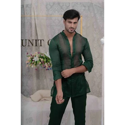Runit Gupta Emerald Green Pulled Thread Work Shirt Kurta with Pyjama (Set of 2)