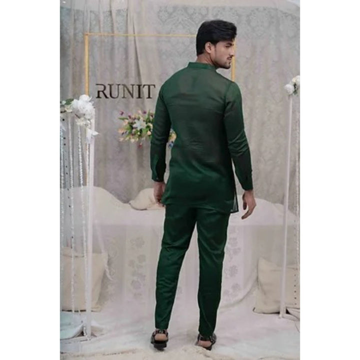 Runit Gupta Emerald Green Pulled Thread Work Shirt Kurta with Pyjama (Set of 2)