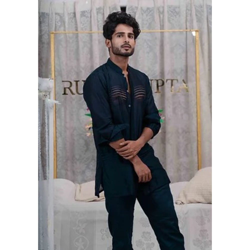Runit Gupta Navy Blue Pulled Thread Work Shirt Kurta with Pyjama (Set of 2)