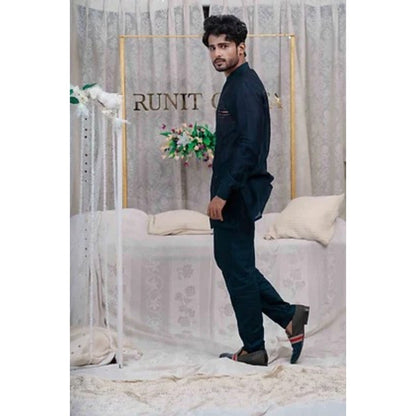Runit Gupta Navy Blue Pulled Thread Work Shirt Kurta with Pyjama (Set of 2)